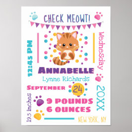 Rainbow Confetti Cute Kitty Cat Birth Stats Poster