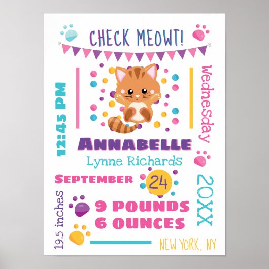 Rainbow Confetti Cute Kitty Cat Birth Stats Poster (Voorkant)