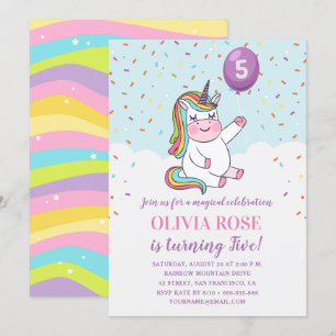Rainbow Confetti Cute Pink Unicorn Birthday Party Kaart