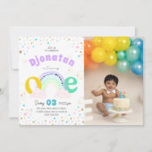 Rainbow Confetti eerste verjaardagsfoto uitnodigin Kaart (Voorkant)