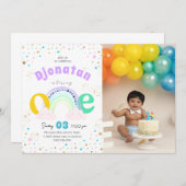 Rainbow Confetti eerste verjaardagsfoto uitnodigin Kaart (Voorkant / Achterkant)