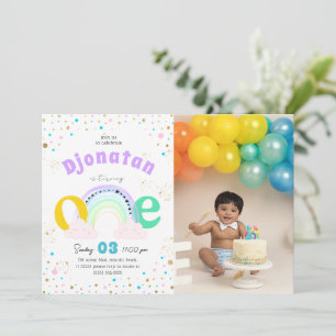 Rainbow Confetti eerste verjaardagsfoto uitnodigin Kaart
