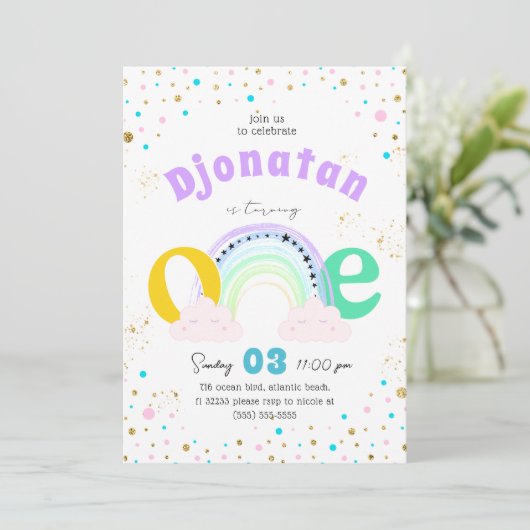 Rainbow Confetti eerste verjaardagsuitnodiging Kaart (Staand voorkant)