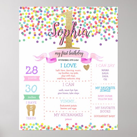 Rainbow Confetti Girl First Birthday Milestone Poster (Voorkant)