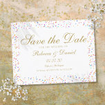 Rainbow Confetti Gold Script Sla de datum op Aankondigingskaart<br><div class="desc">Personaliseer uw namen en details met een prachtig gouden script op een delicate regenboog confetti achtergrond. Ontworpen door Thisnotme©</div>