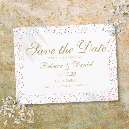 Rainbow Confetti Gouden Script Save the Date Aankondigingskaart
