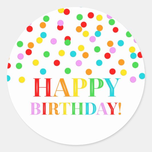 Rainbow Confetti Happy Birthday Ronde Sticker (Voorkant)
