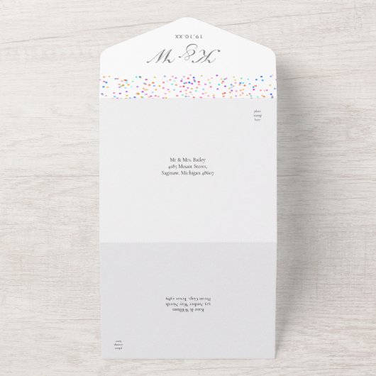 Rainbow Confetti Monogram Foto Weddenschap All In One Uitnodiging (Buitenkant)