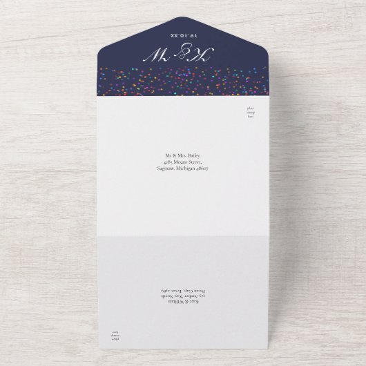 Rainbow Confetti Navy Blue Monogram Weddenschap All In One Uitnodiging (Buitenkant)