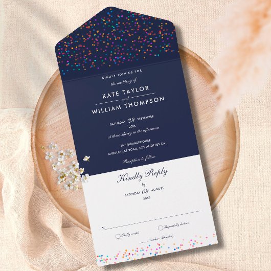 Rainbow Confetti Navy Blue Monogram Weddenschap All In One Uitnodiging