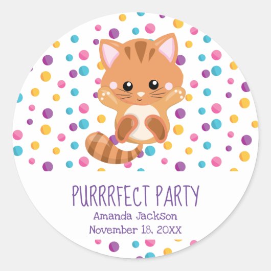 Rainbow Confetti Schattige Kat Verjaardagsfeest Ronde Sticker (Voorkant)