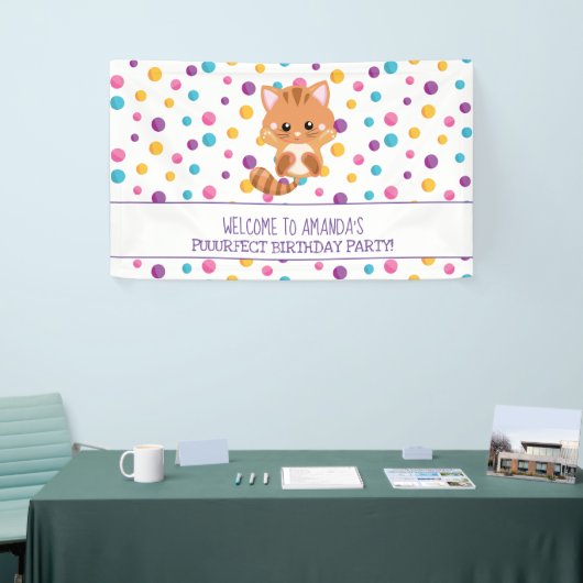 Rainbow Confetti Schattige Kat Verjaardagsfeestje  Spandoek (Beurs)