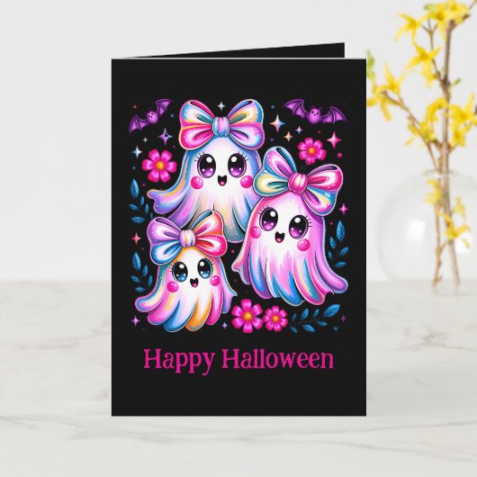 Rainbow Coquette Ghosts Hot Pink Happy Halloween Kaart (Gele Bloem)