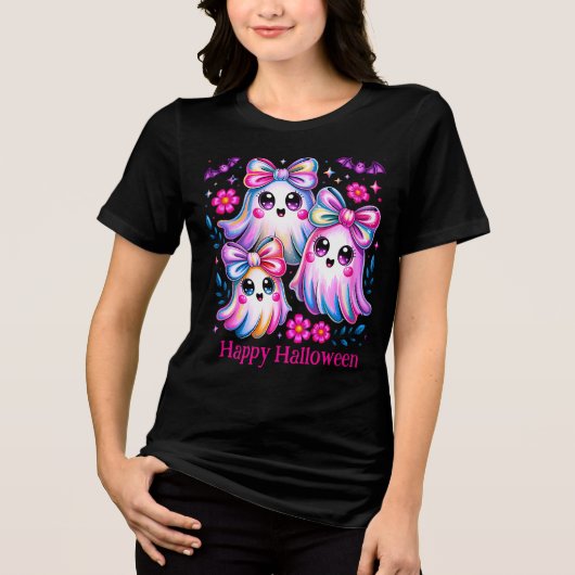 Rainbow Coquette Ghosts Hot Pink Happy Halloween Tri-Blend Shirt (Voorkant)