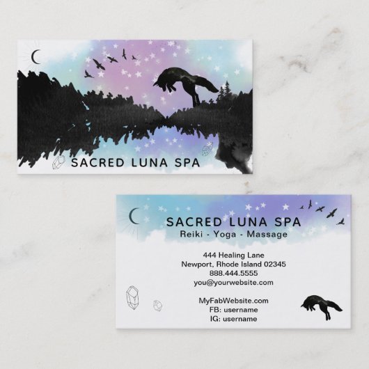 *~* Rainbow Cosmic Moon Fox Leaping Pine Trees Visitekaartje (Voorkant / Achterkant)