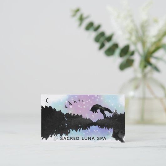 *~* Rainbow Cosmic Moon Fox Leaping Pine Trees Visitekaartje (Staand voorkant)