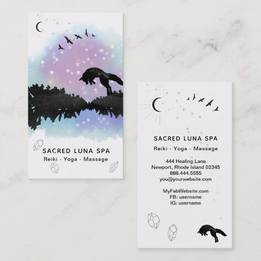 *~* Rainbow Cosmic Moon Fox Leaping Pine Trees Visitekaartje (Voorkant / Achterkant)