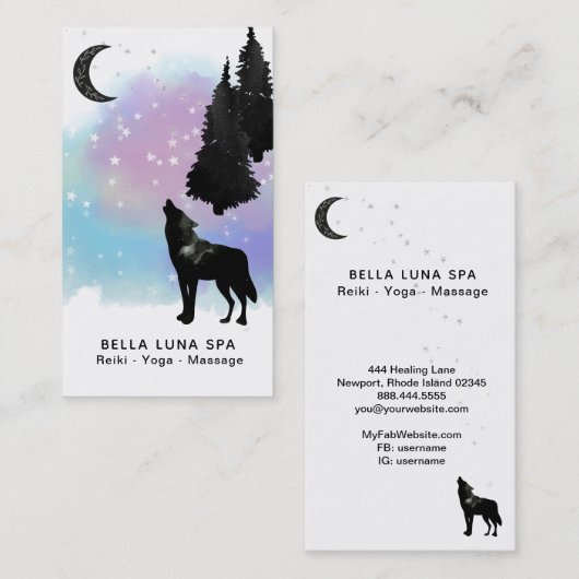 *~* Rainbow Cosmic Moon Howling Wolf Pine Trees Visitekaartje (Voorkant / Achterkant)