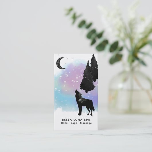 *~* Rainbow Cosmic Moon Howling Wolf Pine Trees Visitekaartje (Staand voorkant)