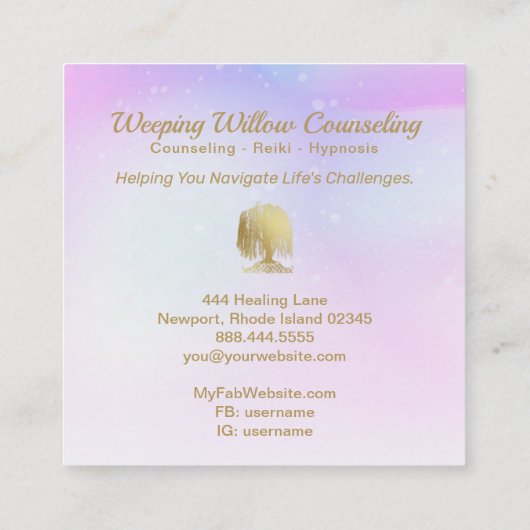 *~* Rainbow Cosmic Willow Tree Mon Gold Vierkante Visitekaartje (Achterkant)