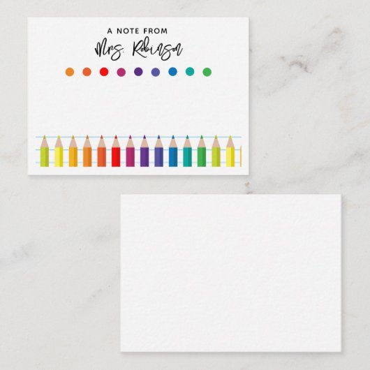 Rainbow Crayons Kindergarten Teacher Notitiekaartje (Voorkant / Achterkant)