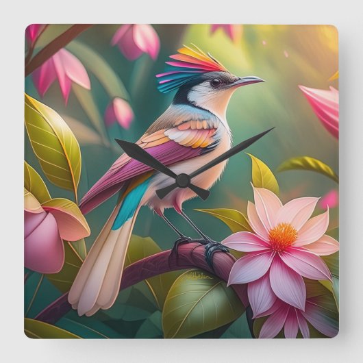 Rainbow Crested Jay Fantasy Bird Vierkante Klok (Voorkant)