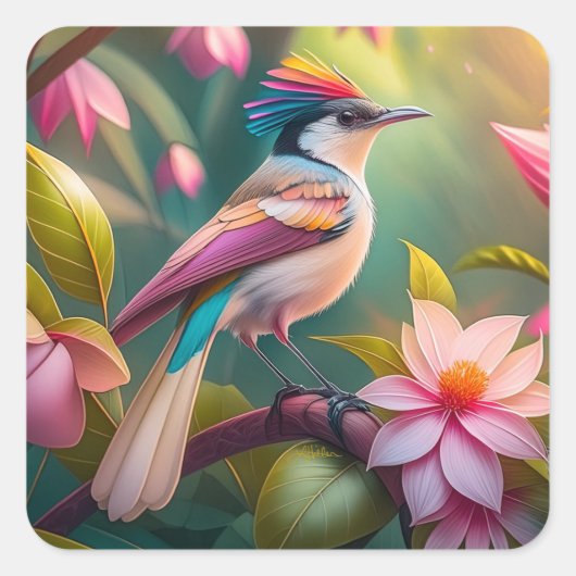 Rainbow Crested Jay Fantasy Bird Vierkante Sticker (Voorkant)