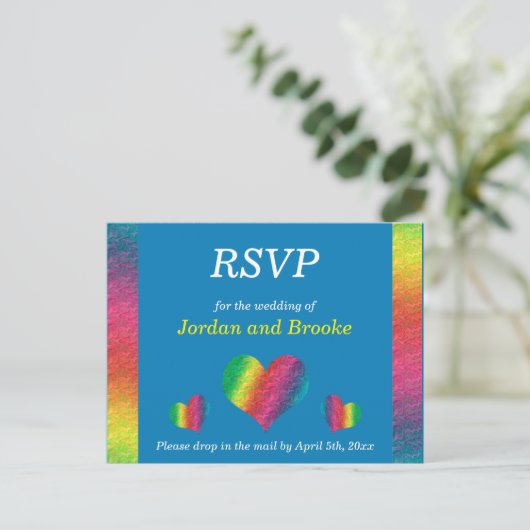 [Rainbow Crinkle Wedding] Harten RSVP-kaart Blauw Uitnodiging Briefkaart (Staand voorkant)