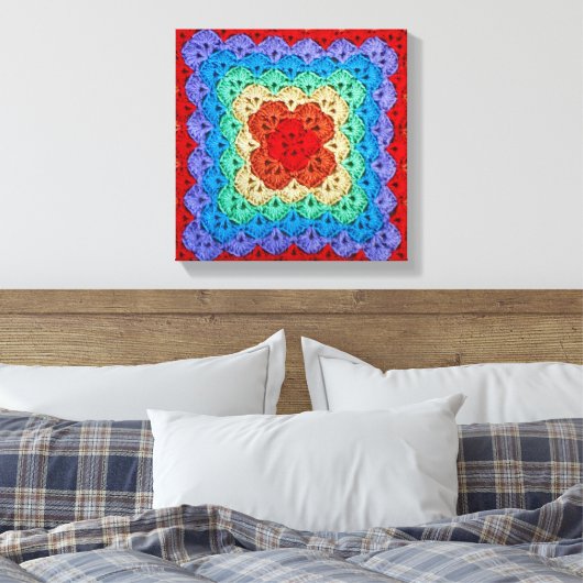 Rainbow Crochet Granny Square Canvas Afdruk (Insitu (Slaapkamer))