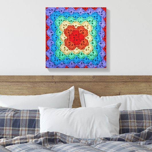 Rainbow Crochet Granny Square Canvas Afdruk (Insitu (Slaapkamer))