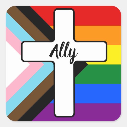 Rainbow Cross Progress Pride Flag Ally Vierkante Sticker (Voorkant)
