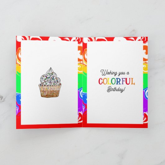 Rainbow Cupcake Fluid Art Birthday Kaart (Binnen)