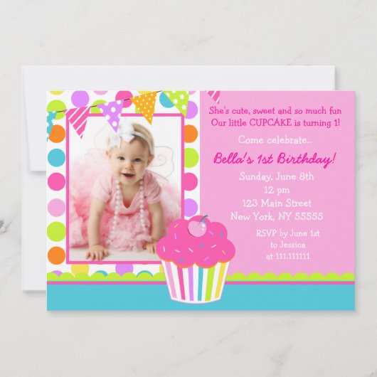Rainbow Cupcake Foto Birthday Party Invitation Kaart (Voorkant)