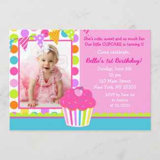Rainbow Cupcake Foto Birthday Party Invitation Kaart
