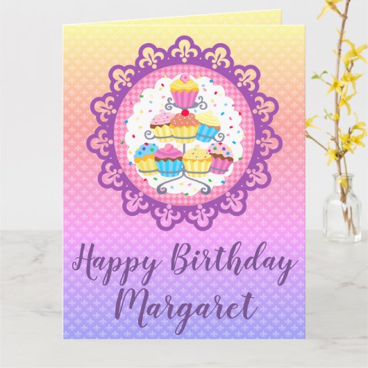 Rainbow Cupcake Group Persoonlijke Verjaardag Kaart (Gele Bloem)