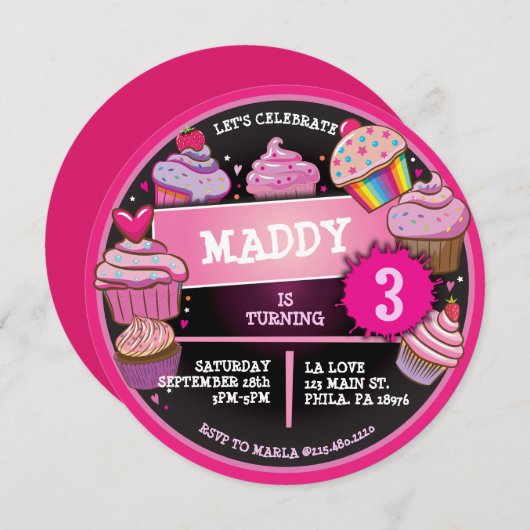 RAINBOW CUPCAKES Verjaardagsfeestuitnodiging Kaart (Voorkant / Achterkant)