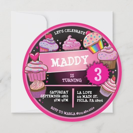 RAINBOW CUPCAKES Verjaardagsfeestuitnodiging Kaart (Voorkant)