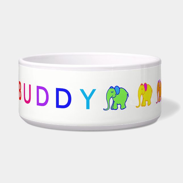 Rainbow Custom Pet's Name Cartoon Elephants Parade Voerbakje (Links)