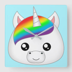 Rainbow Cute Kawaii Unicorn Face Head Vierkante Klok