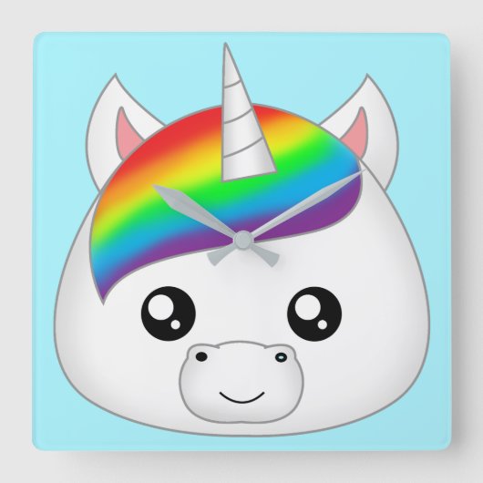 Rainbow Cute Kawaii Unicorn Face Head Vierkante Klok (Voorkant)