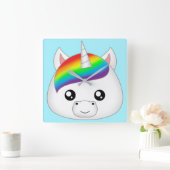 Rainbow Cute Kawaii Unicorn Face Head Vierkante Klok (Huis)