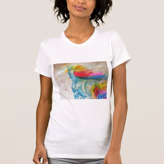 Rainbow Cute Unicorn Womans Waterverf T Shirt (Voorkant)
