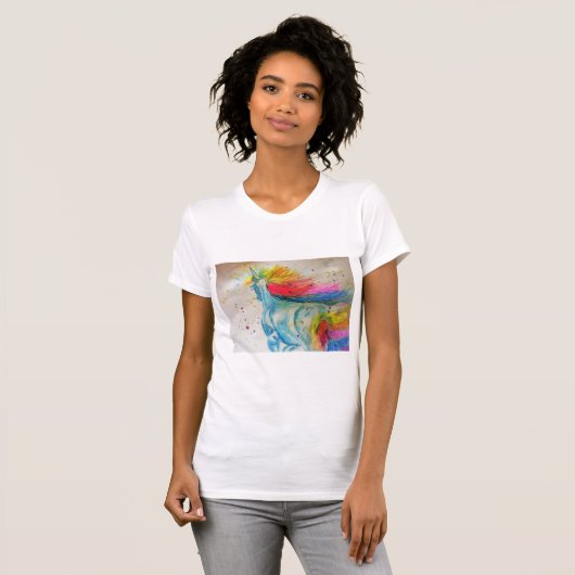 Rainbow Cute Unicorn Womans Waterverf T Shirt (Voorkant volledig)