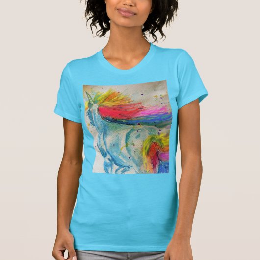 Rainbow Cute Unicorn Womans Waterverf T Shirt (Voorkant)