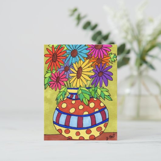 Rainbow Daisies in Designer Vase Briefkaart (Staand voorkant)