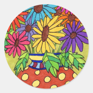 Rainbow Daisies in Designer Vase Ronde Sticker