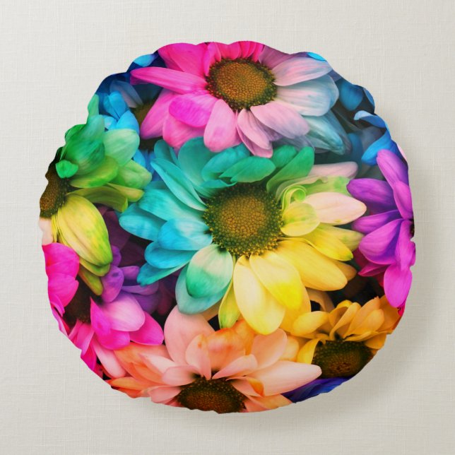 Rainbow Daisy Print Round Pillow Rond Kussen (Voorkant)