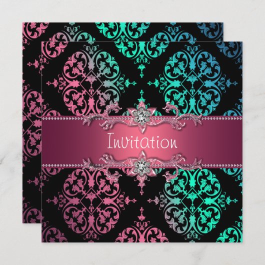 Rainbow Damask Black Party Kaart (Voorkant / Achterkant)