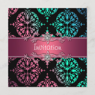 Rainbow Damask Black Party Kaart