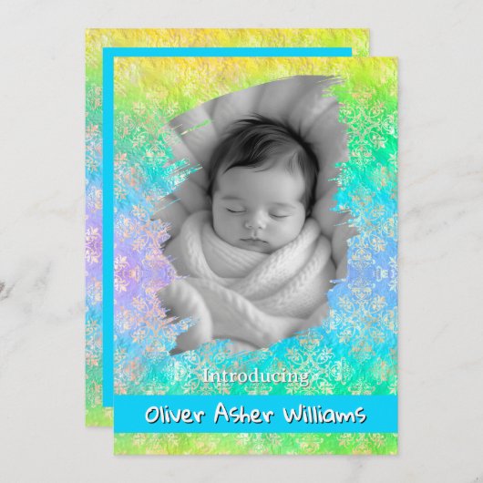 [Rainbow Damask] Soft Pastels Baby Boy Birth Aankondiging (Voorkant / Achterkant)